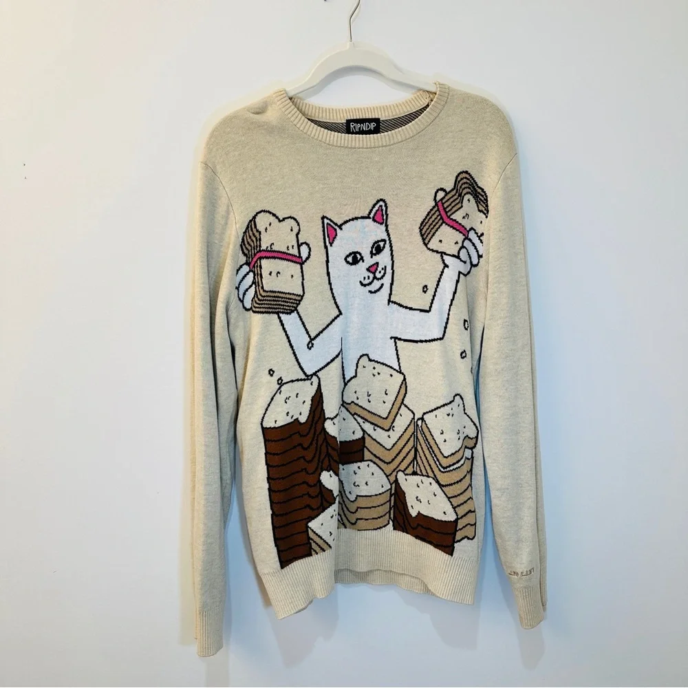 Ripndip White Cat and Bread Graphic Sweater - Picture 3 of 4
